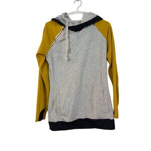 & Womens Hoodie Size L Yellow Gray Colorblock Long Sleeve Pullover Pocket